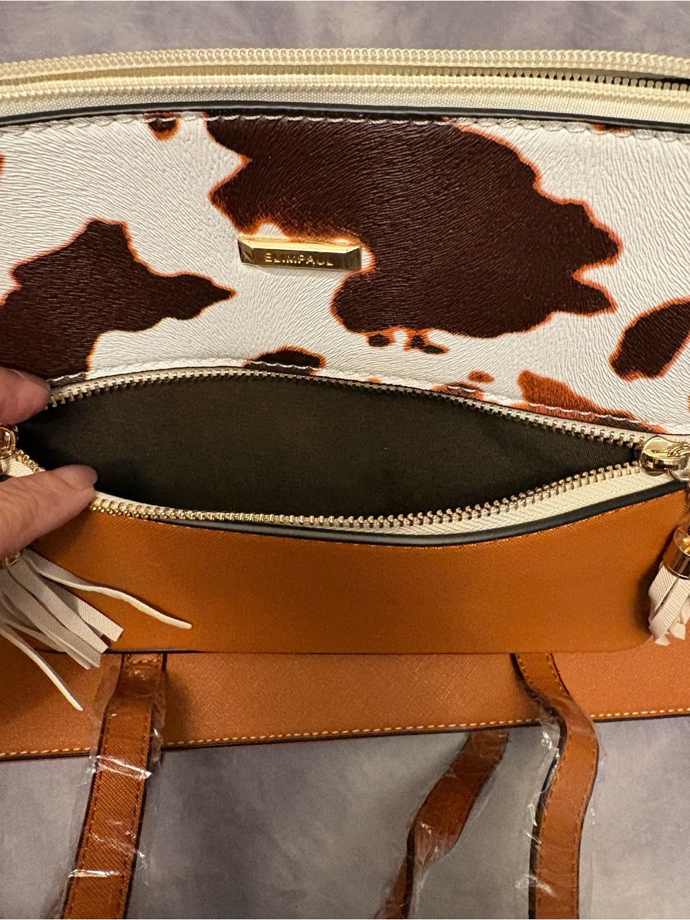 Cow-Print Tote Bag with Tan Trim - Women Bags 5 piece set - Picture 8 of 9
